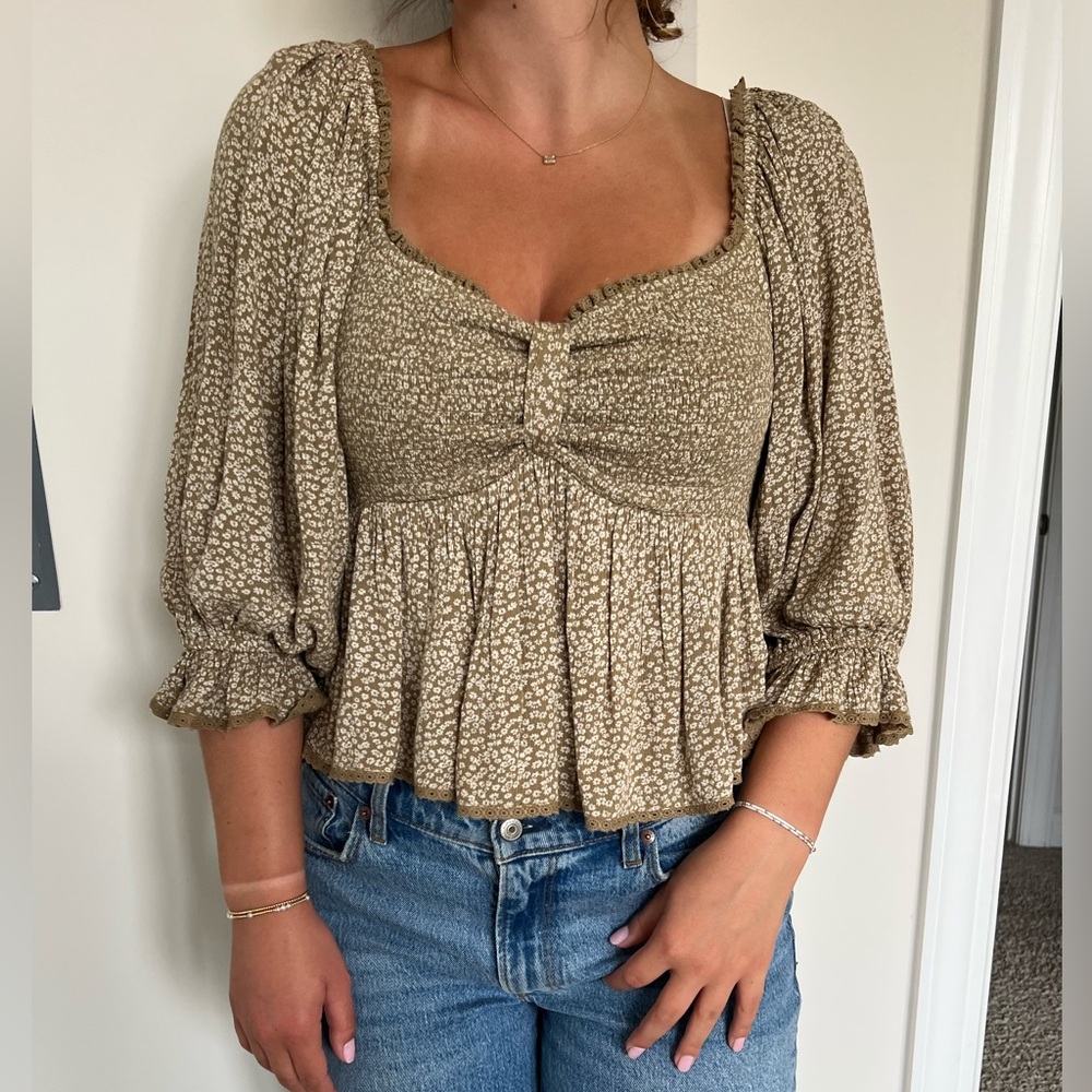 Free People Brittnee Print Smocked Peplum Top